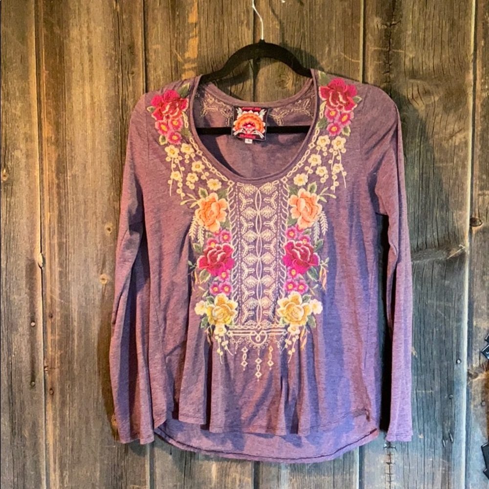 Johnny Was 3/4 sleeved embroidered t shirt